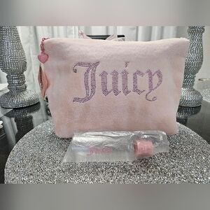 NWT Juicy Couture Pink Rhinestones Faux Fur Cosmetic Makeup Bag W/ Travel Bottle